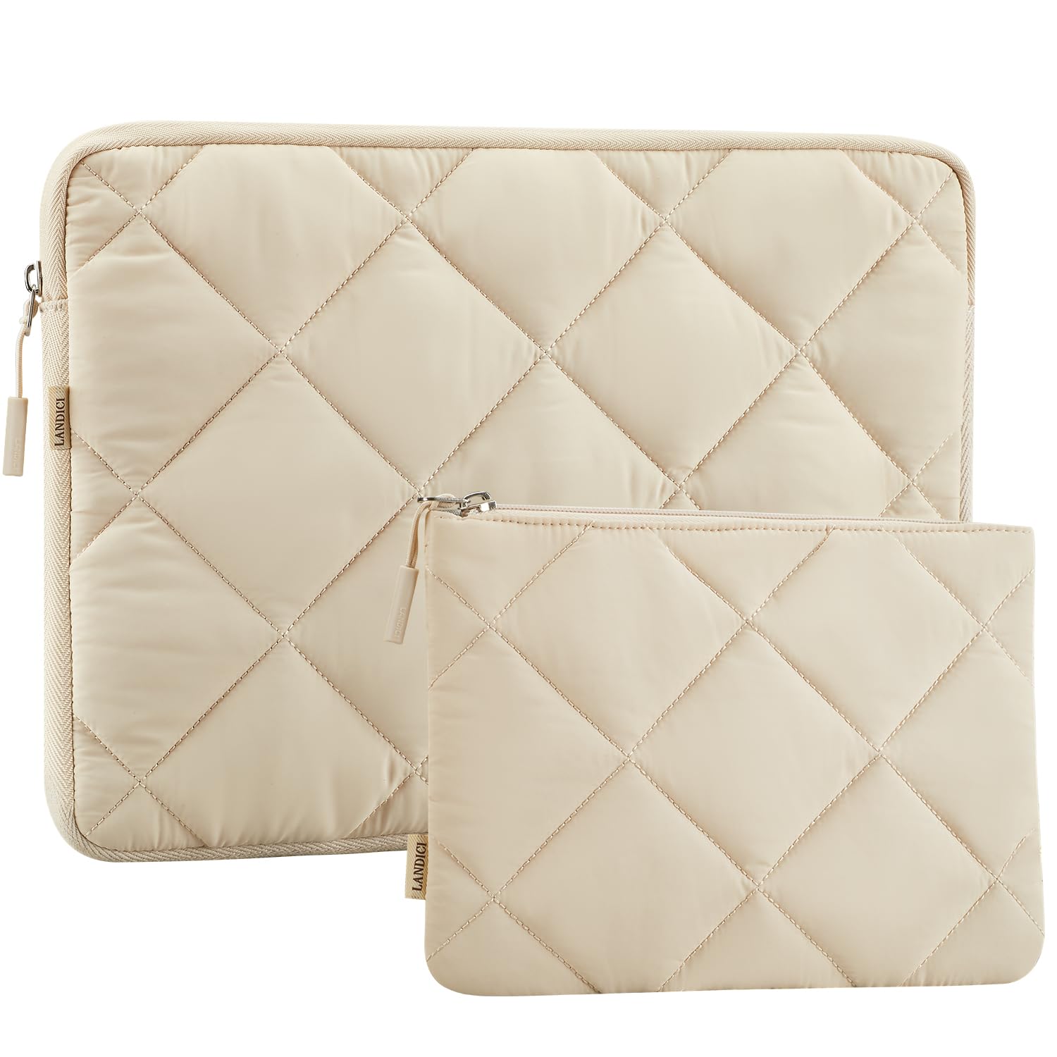 LANDICI Puffy Laptop Sleeve Case 13 13.3 Inch for MacBook Air 13 M1/M2/M3, MacBook Pro 13, Ipad Pro 13 2024, Cute Computer Cover Bag with Accessories Pouch, Apricot