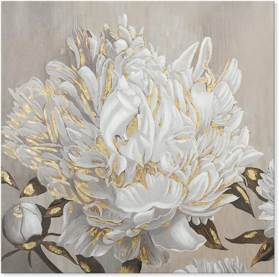 Paintings - Goldfoilart Floral Wall Art White Blooming Flower Canvas Pictures Modern Paintings with Gold Foil Framed Artwork for Bathroom Living Room Bedroom Kitchen Office Wall Decor 24