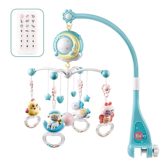FGASAD Baby Musik-Mobile mit Fernbedienung, Babybett, Glocke, Rassel aus Kunststoff zum Aufhängen, Rasseln mit Sternen, Licht