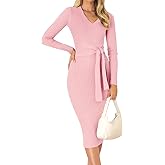 ZESICA Women's 2026 Spring Sweater Dress V Neck Long Sleeve Ribbed Knit Tie Waist Bodycon Slim Fit Midi Dresses