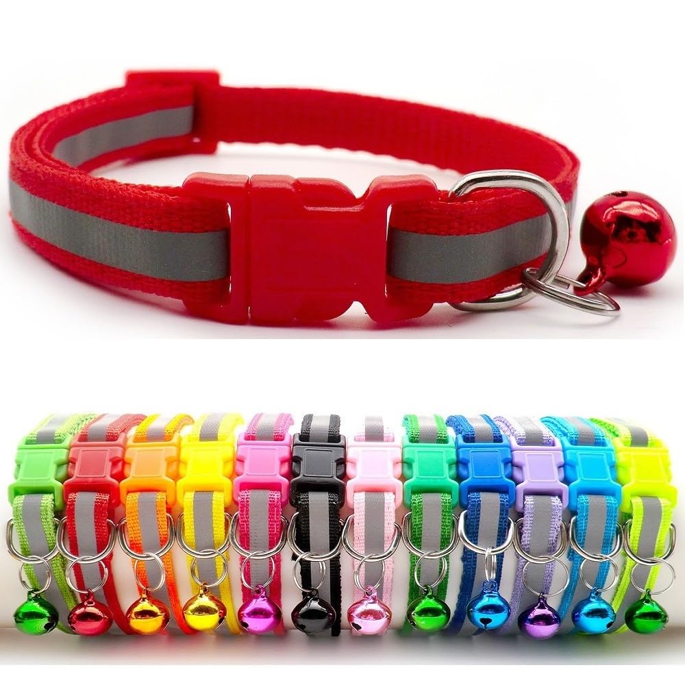 Small Dog Puppy Pet Collar Reflective Hi-Vis Strip with Bell Nylon Adjustable Size 19-32cm Red