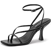 Carcuume Womens Kitten Heels Square Toe Thong Strappy Ankle Strap Stiletto Heel Sandals