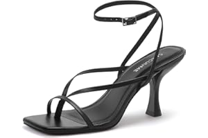 Carcuume Womens Kitten Heels Square Toe Thong Strappy Ankle Strap Stiletto Heel Sandals