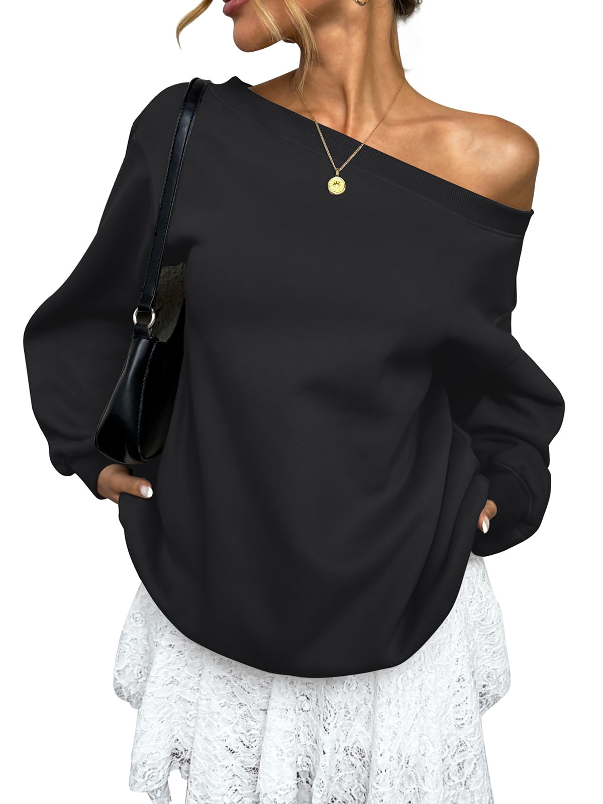 Photo 1 of EasyGala Womens Fleece Lined Trendy Sweatshirt Off Shoulder Long Sleeve Pullover Going Out Top Oversized Work Shirt Basic Slouchy Winter Clothes 2025 Black Small