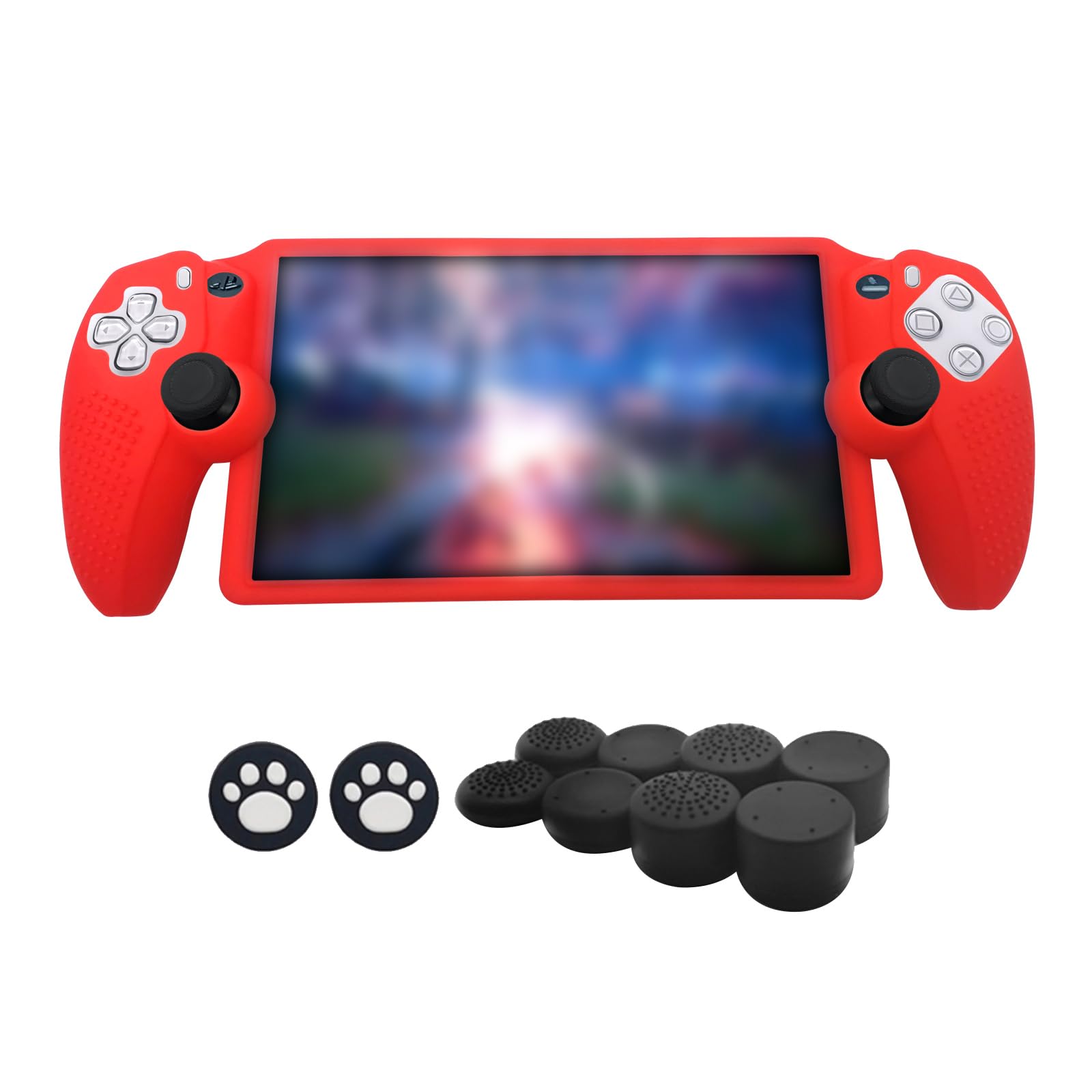 MOJOXR Silicone Protective Cover and Stick Caps Compatible with PS Portal, Anti-Slip Protector Case and 10 Thumb Grip Caps Accessories for PS Portal Remote Player(Red)