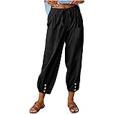 Women's Capri Pants High Waist Drawstring Cinch Bottom with Button Cotton Loose Casual Trouser with Pockets