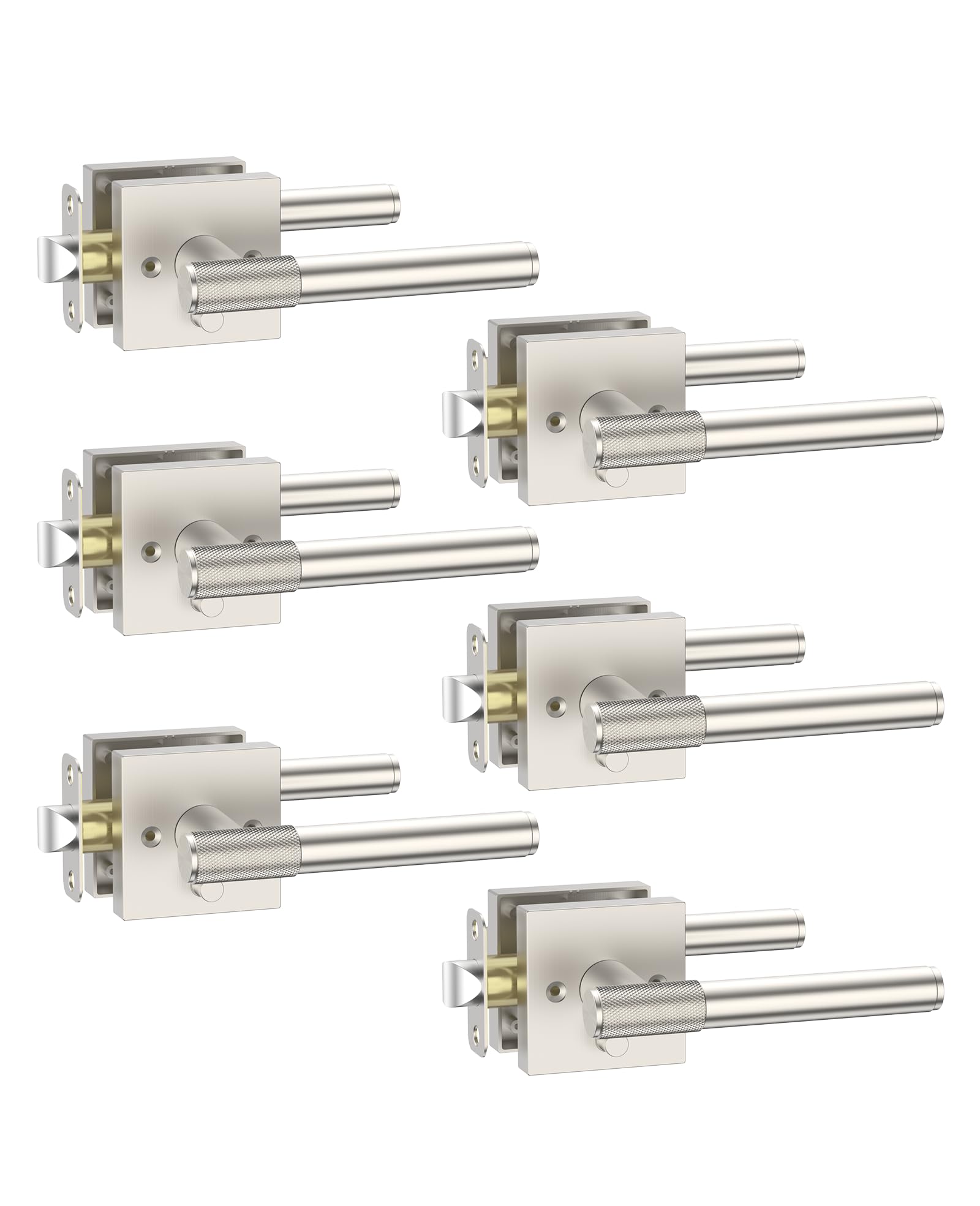 Photo 1 of Amerdeco 6 Pack Brushed Satin Nickel Door Handles Interior, Knurled Privacy Door Handles with Lock,Nickel Door Lever for Bedroom or Bathroom,Reversible Keyless for Left Right Handed Doors AM0029