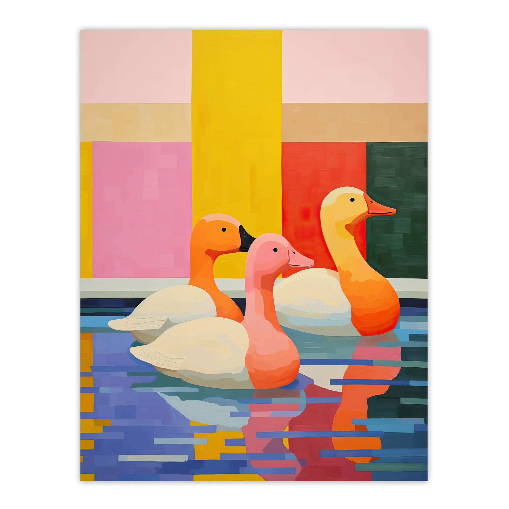 Wee Blue Coo Chameleon Ducks Swimming Vibrant Geometric Pattern Oil Painting Extra Large XL Wall Art Poster Print