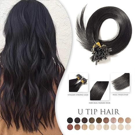 Extensions Echthaar Bondings 100 Strähnen - 100% Remy Echthaar günstig U Tip Keratin Haarverlängerung 0,5g (#1 Schwarz, 45cm,