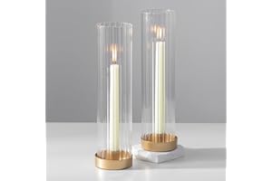 Hewory Hurricane Glass Candle Holders: Set of 2 Gold Candlestick Holders with 11" Tall Clear Cylinder Hurricane Cover, Taper Candle Holder for Wedding Table Centerpiece Party Christmas Home Decor