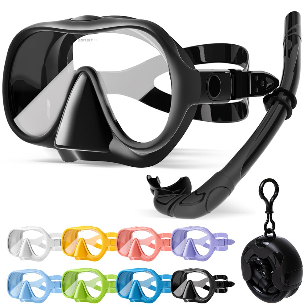 HINATAA Snorkel Set Adults, Fashionable Macaron Colors Frameless Snorkeling Mask, Ultra Wide View Anti-Fog Snorkel Mask Set, Portable Professional Diving Snorkeling Set (Black)