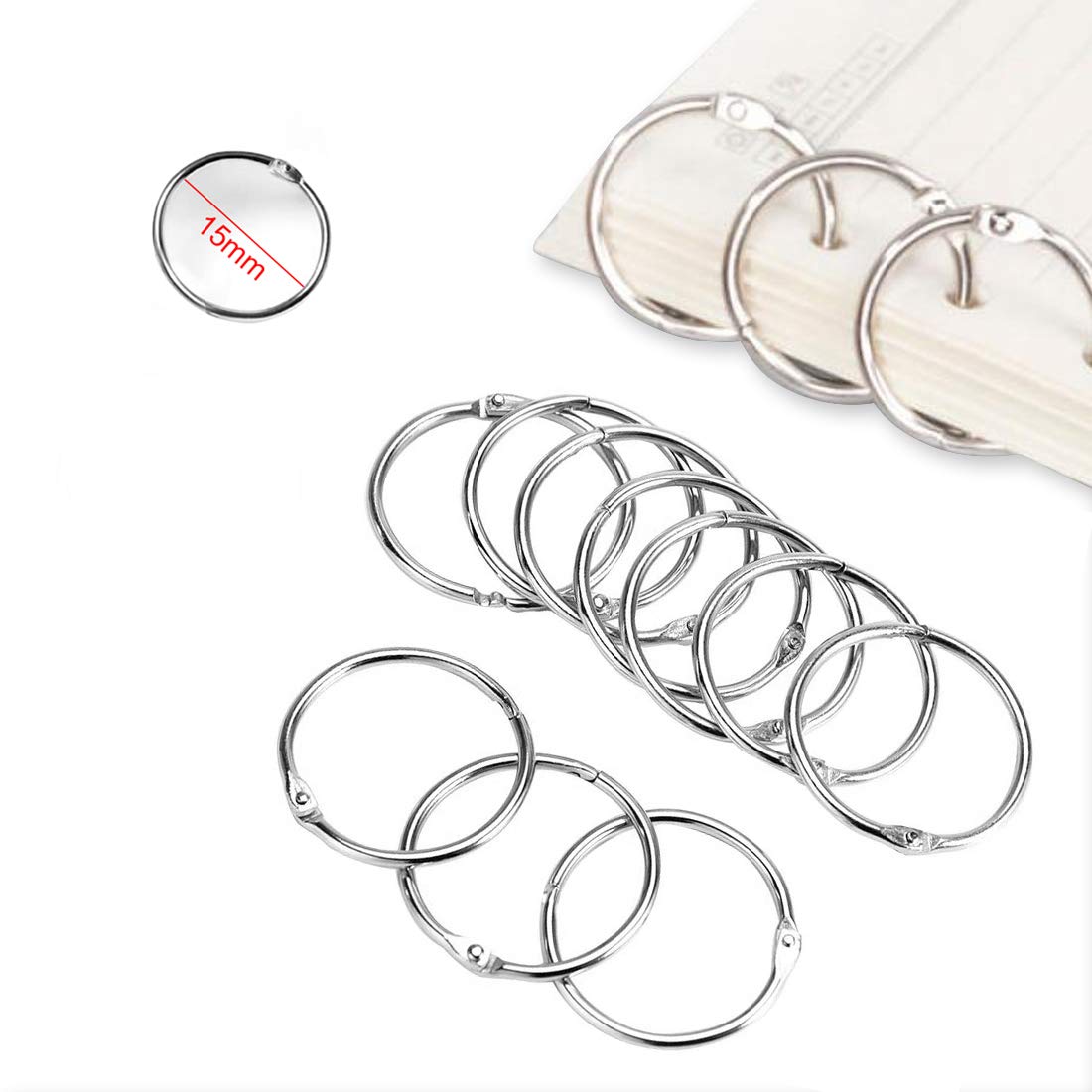 O-Kinee Binding Rings,Loose Leaf Ring Binder Clips, Hinged Metal Book Rings, Books Keychains for Binder Index Card Craft Scrapbook 120 Pieces (Silver) (15mm-120pcs) …
