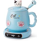Bgbg Coffee Mug Warmer & Cute Cat Mug Set, Beverage Cup Warmer for Desk Home Office with Three Temperature Up to 140℉/ 60℃, Coffee Warmer for Cocoa Milk Tea Water Candle, 8 Hours Auto Shut Off