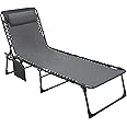 Yardenaler Outdoor Foldable Chaise Lounge Chair with Detachable Pillow & Pocket, Portable Tanning Chair with 5 Position Adjustable Back, Patio, Beach and Pool, Grey