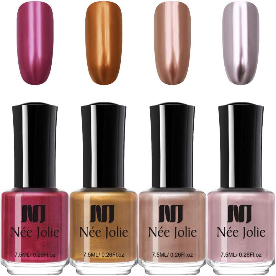 NEE JOLIE 4 Bottles Metallic Nail Polish Set Mirror Nail Varnish Gold Color Metal Effect Nail Polish Kit 7.5ML