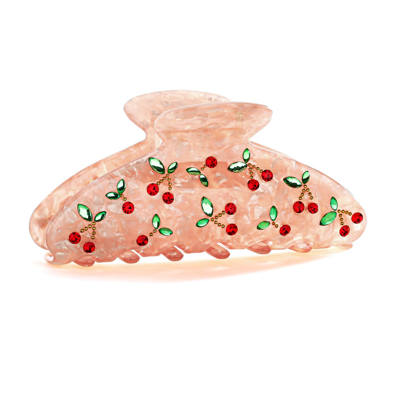 LILIE&WHITE Cherry Blossom Hair Clip for Women – Elegant Pink Resin Clip with Red and Green Rhinestone Accents, Hypoallergenic, Non-Fading, Gift for Fashion Lovers