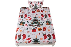 qjmiaofang Christmas Tree Sheets for Kids Twin Size Merry Christmas Bed Sheets 2 Pieces Red Green Festivel Gift Box Pattern Bed Set Christmas Socks New Year Christmas Fitted Sheet with 1 Pillowcase