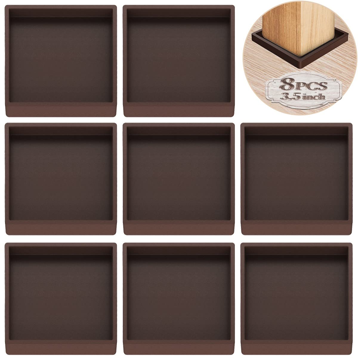 Photo 1 of Furniture Coasters Caster Cups Rubber 3.5 inch Square No Slip Pads Hardwood Floors Protectors-for Furniture Legs Sofa Bed Piano Chair Feet Prevent Sliding Stoppers (8, Brown Square 3.5 inch)