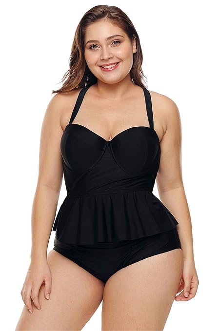 SZIVYSHI 2 Stück Underwire Gepolstert Rüschensaum Volant Rüschen Saum Tankini Schößchen Peplum Oberteil Top Mit Hohe Taille G