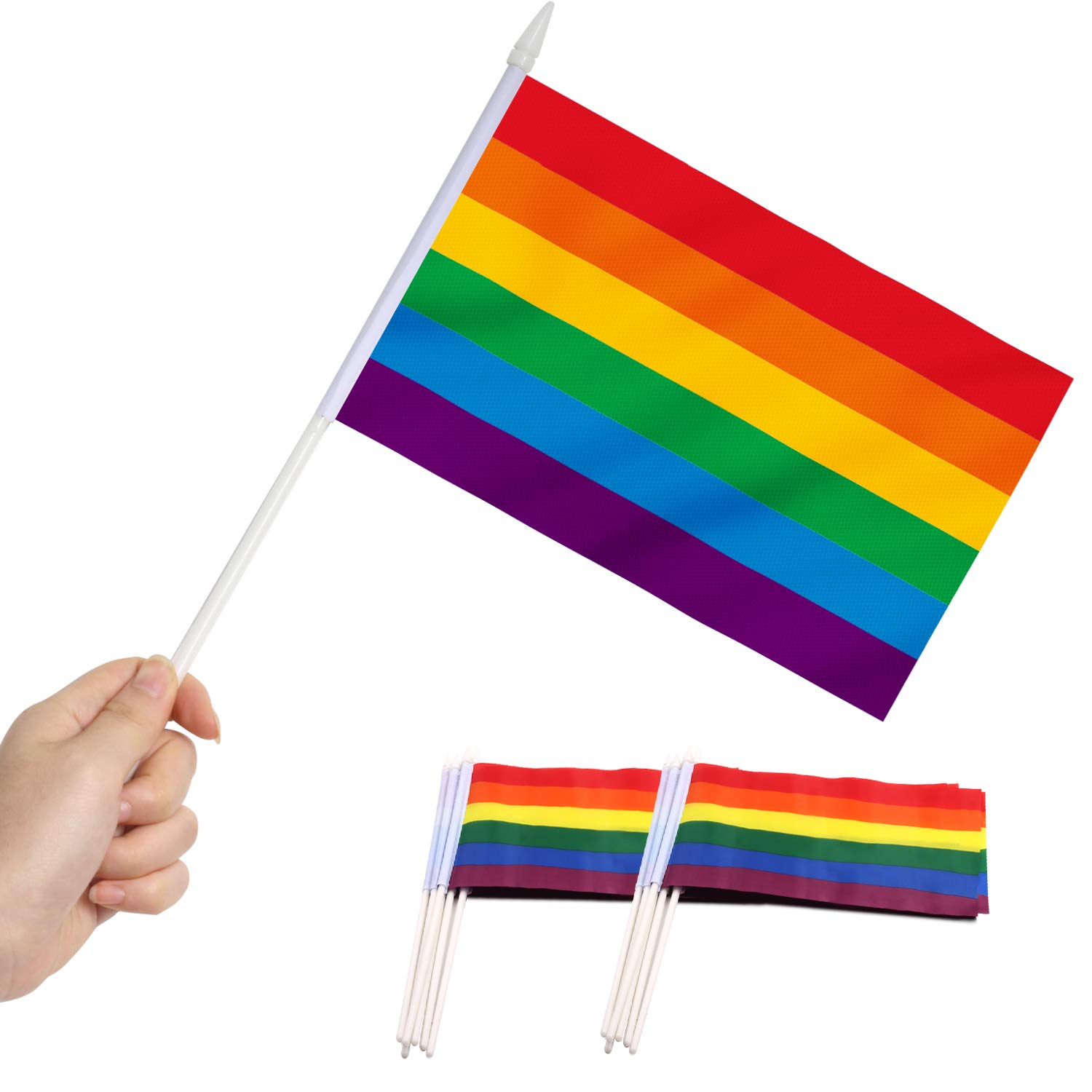 Rainbow Stick Flag, ANLEY 5x8 inch (12 X 20cm) HandHeld Mini Flag With 12" (30cm) White Solid Pole - Vivid Color and Fade Resistant - LGBT 5 x 8 inch Hand Held Flags With Spear Top (1 Dozen)