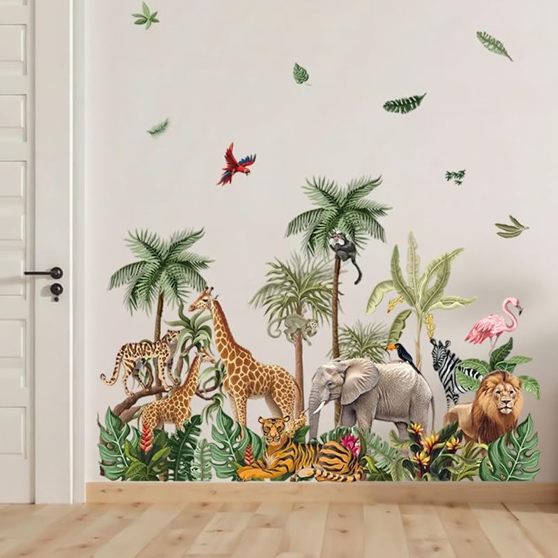 Wandtattoo Tiere des Regenwalds Wandsticker Dschungel Giraffe Elefant Löwe Tiger Blätter Wandbilder Groß Wandaufkleber Wanddeko Kinderzimmer Babyzimmer Schlafzimmer Aufkleber