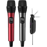 Aveek Wireless Microphone, 262FT Range,40 Hours Battery, Red &amp; Black,2 Pack | Stable Signal, Studio Sound, Rechargeable Foldable Receiver, <2 ms Latency, Ergonomic Grip for Church, Speech, Wedding,Events