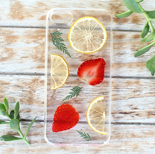 Dried Fruit iPhone Case - Handmade Real Pressed Dried Strawberry & Lemon Fruit Phone Case for iPhone 7, iPhone 8, iPhone 7 plus, 8 Plus. iPhone X (10) Soft Silicone Rubber Cover- Floral iPhone Case