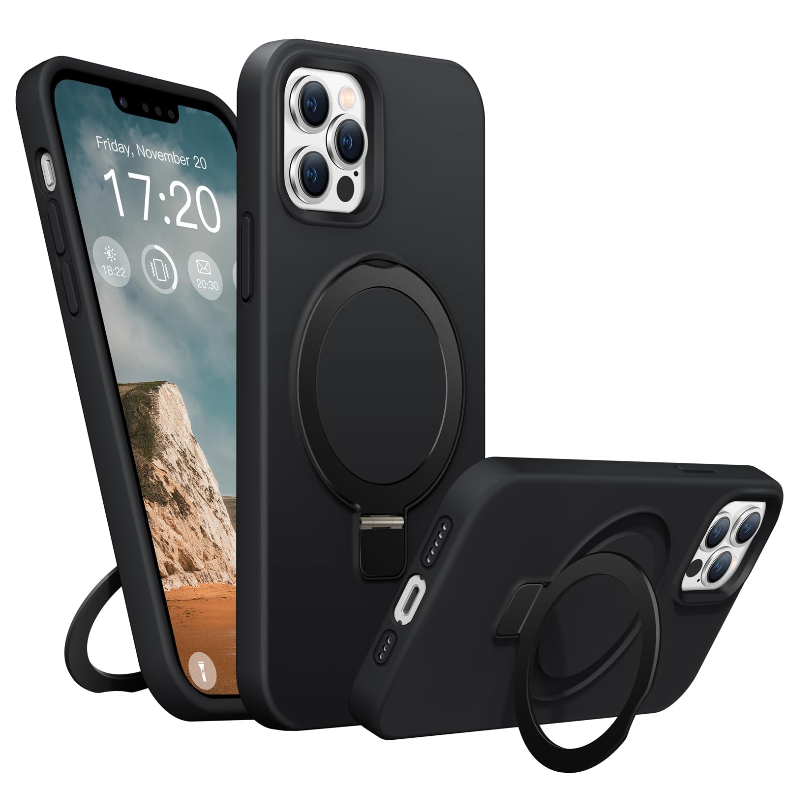 BENTIACC Liquid Silicone Case for iPhone 13 Pro Max, Magnetic Rugged Stand Ring, 4-Layer Shockproof Protective Case with Soft Microfibre Lining, Scratch Resistant (Black)