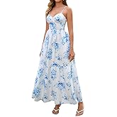 VKIHOC Summer Floral Maxi Dress Boho Lace Up Spaghetti Strap V Neck Beach Vacation Long Dresses for Women 2026