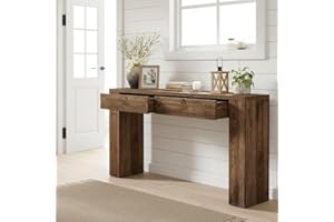 Little Tree Solid Wood 63 Inches Console Table with 2 Drawers, Vintage Brown Sofa Table Behind Couch for Living Room, Long Ha