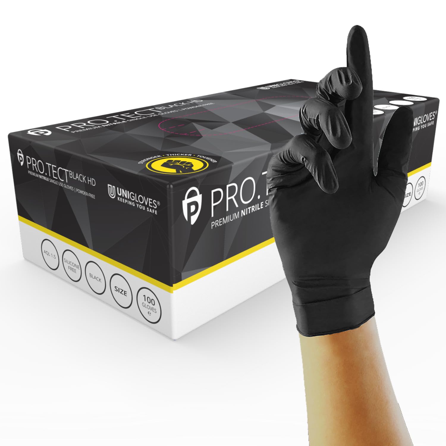 UNIGLOVES PRO.TECT Black HD Nitrile Disposable Gloves - Ultra Heavy Duty, Single Use, Multipurpose, Powder Free, Box of 100 Gloves, Size Small (GA0062)