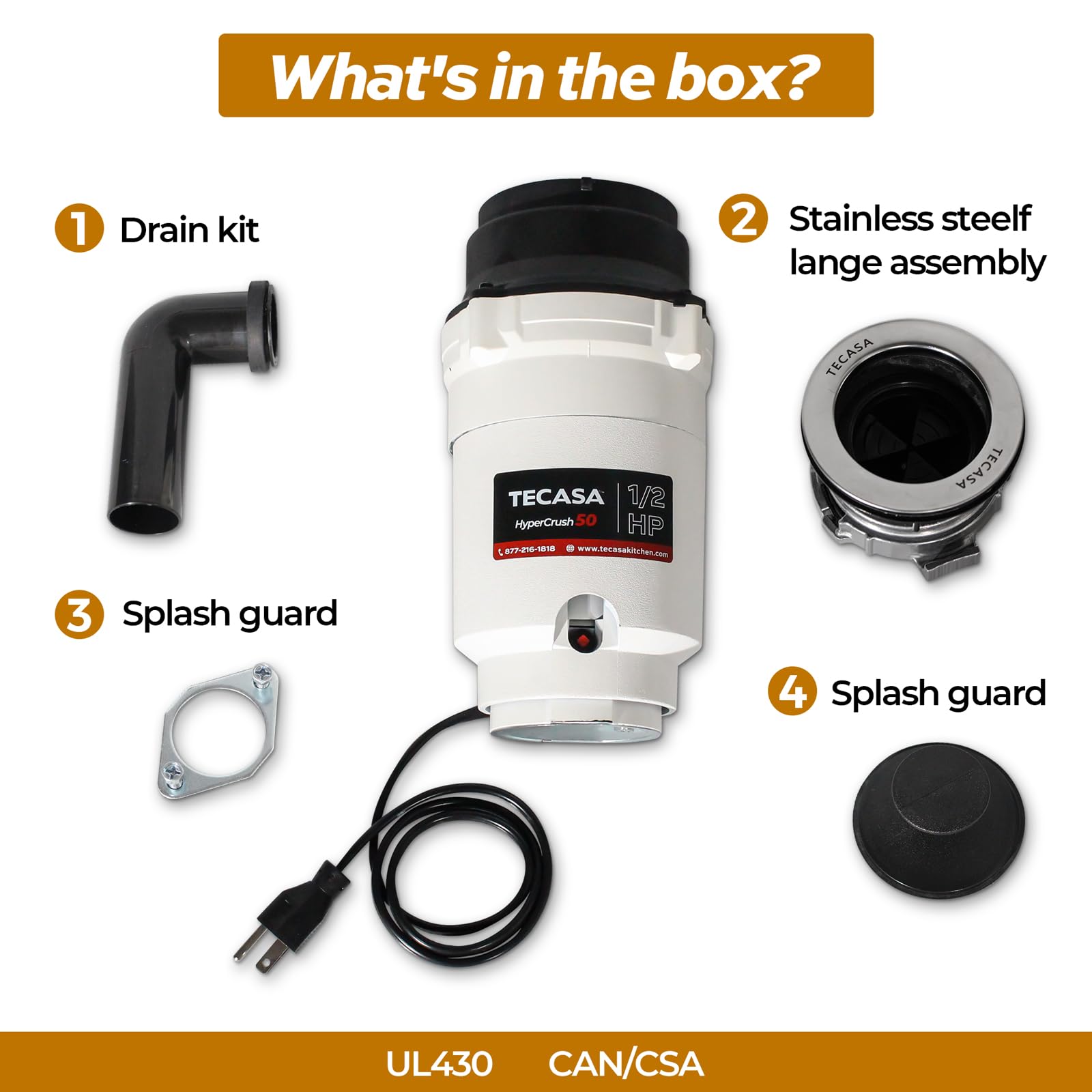 1/2 HP Garbage Disposal, TECASA Power Cord Included, Continuous-Feed Stainless Steel Food Waste Grinding System for Kitchen Sink Disposal, White and Black, HyperCrush 50