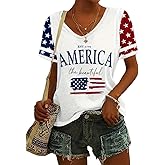 Women's V-Neck America Flag Patriotic T-Shirt Summer 4th of July Independence Day USA Star and Stripes Graphic Tees