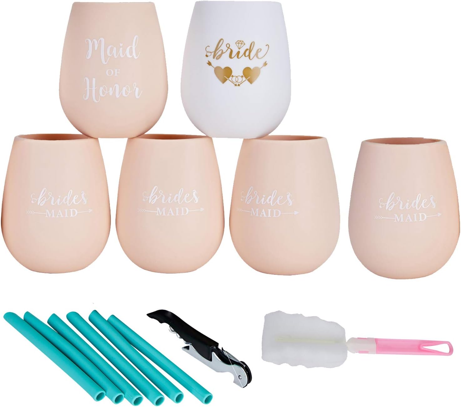 Pack of 14 Bachelorette Beach Party Bridesmaid Proposal Gifts - Include 1 Bride Silicone cup 1 Maid of Honor Cup 4 Bridesmaid Cups 1 Wine Opener 1 Brush and 6 Silicone Straws Bridal Shower Kits