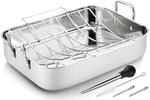 JY COOKMENT Roasting Pan with Baking Rack, 16.5 Inch Stainless Steel Turkey Roaster Pan with Turkey Rack,Turkey Baster. Turkey Roaster Pot, Broiler Pan Great for Turkey, Chicken, Ham, Vegetable