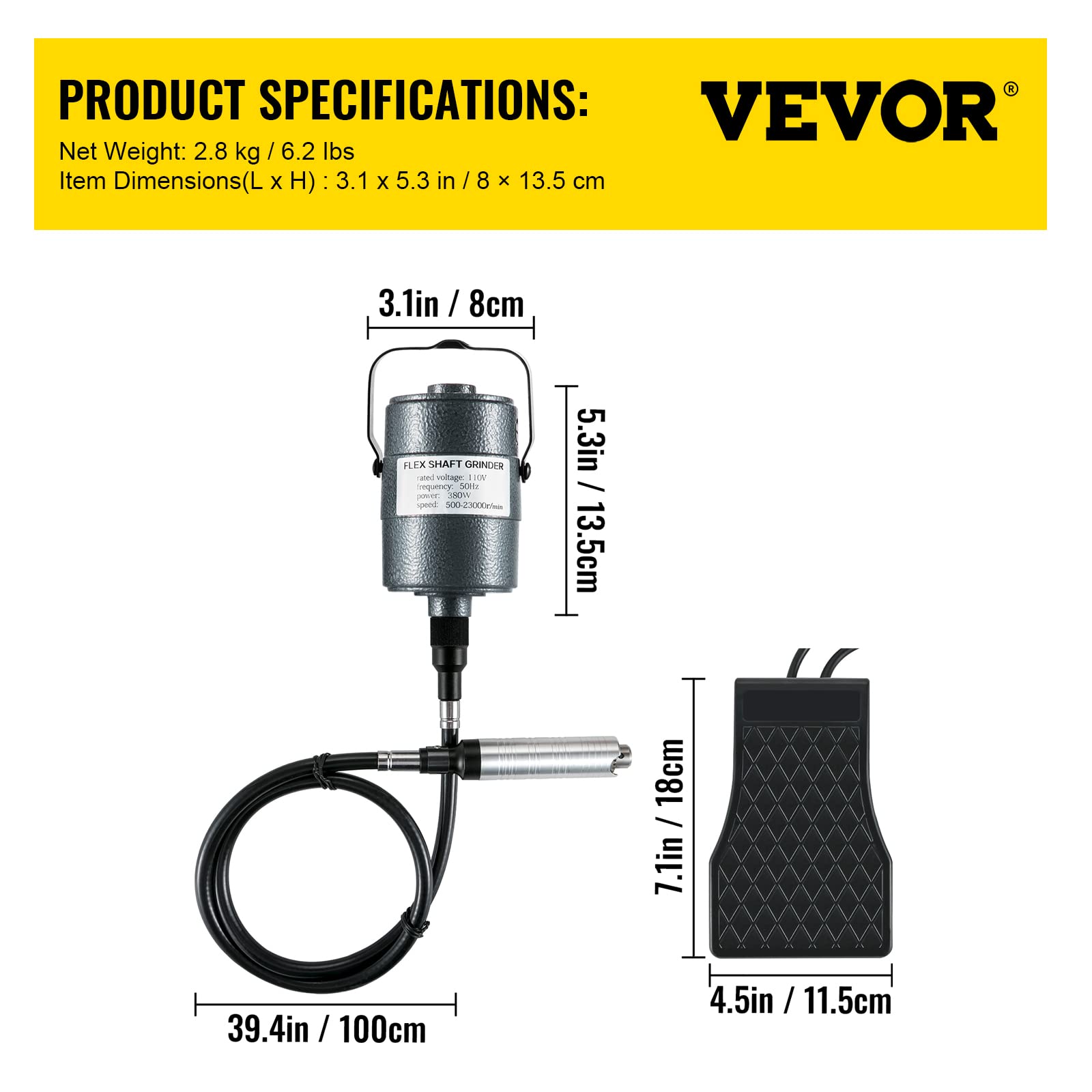 VEVOR Flex Shaft Grinder 380W Rotary Tool 500-23000RPM Rotary Carver with 1/4