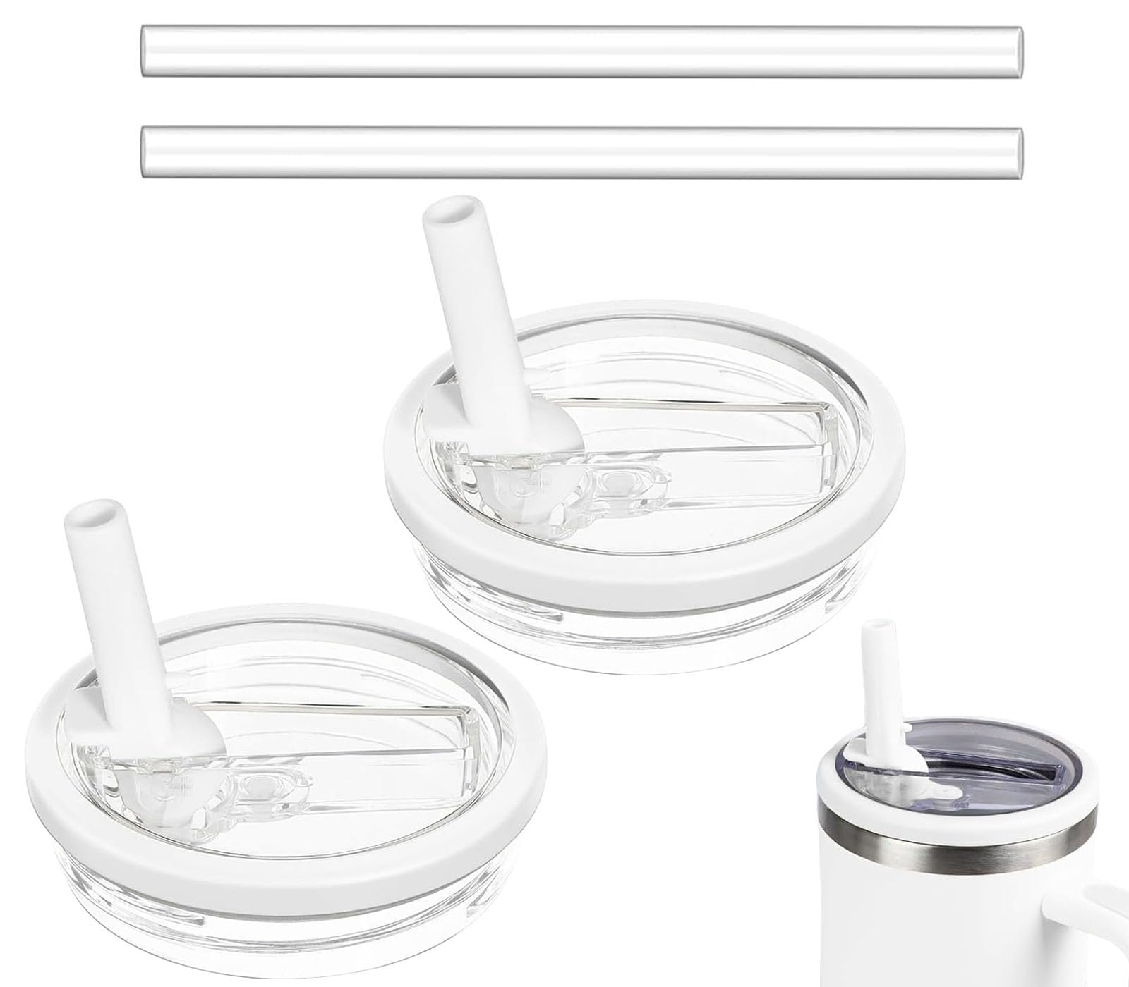 Photo 1 of 2 Pack 30 oz Tumbler Flip Straw Lid Replacement Compatible for Stanley Quencher, Leak Proof Lid Replacement for 30 OZ Stanley H2.0 FlowState Tumbler,Spill Proof Splash Reusable (Transparent White)