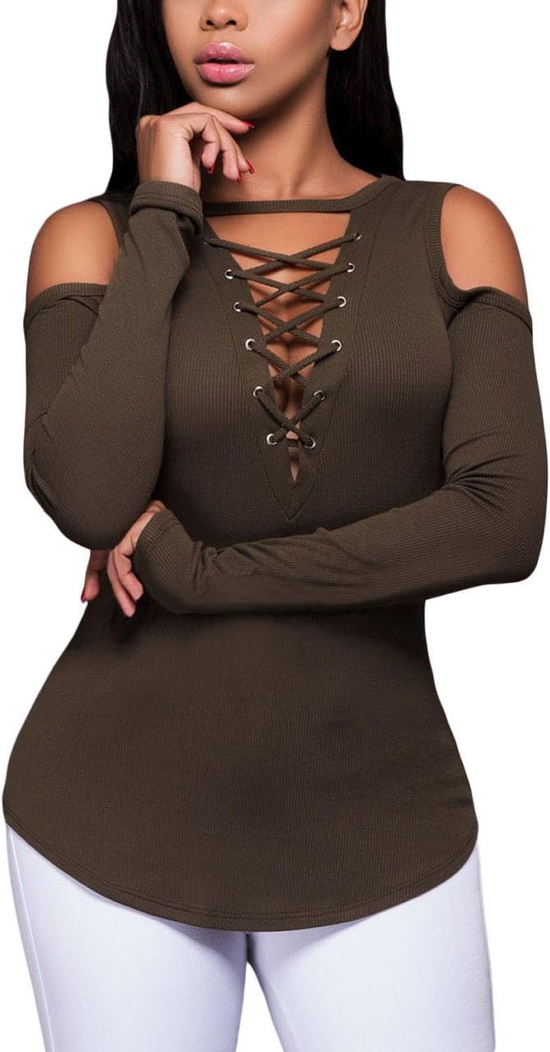 FARYSAYS Women's Sexy Cold Shoulder Blouse Lace-Up Ribbed Tops