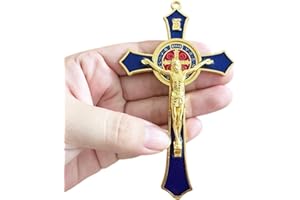 Bovemee Saint Benedict Benedictine Red Enamel 4.7X2.7 Inch Protection Wall Crucifix Cross Catholic San Benito Medalla Prayer Decoration (Blue)