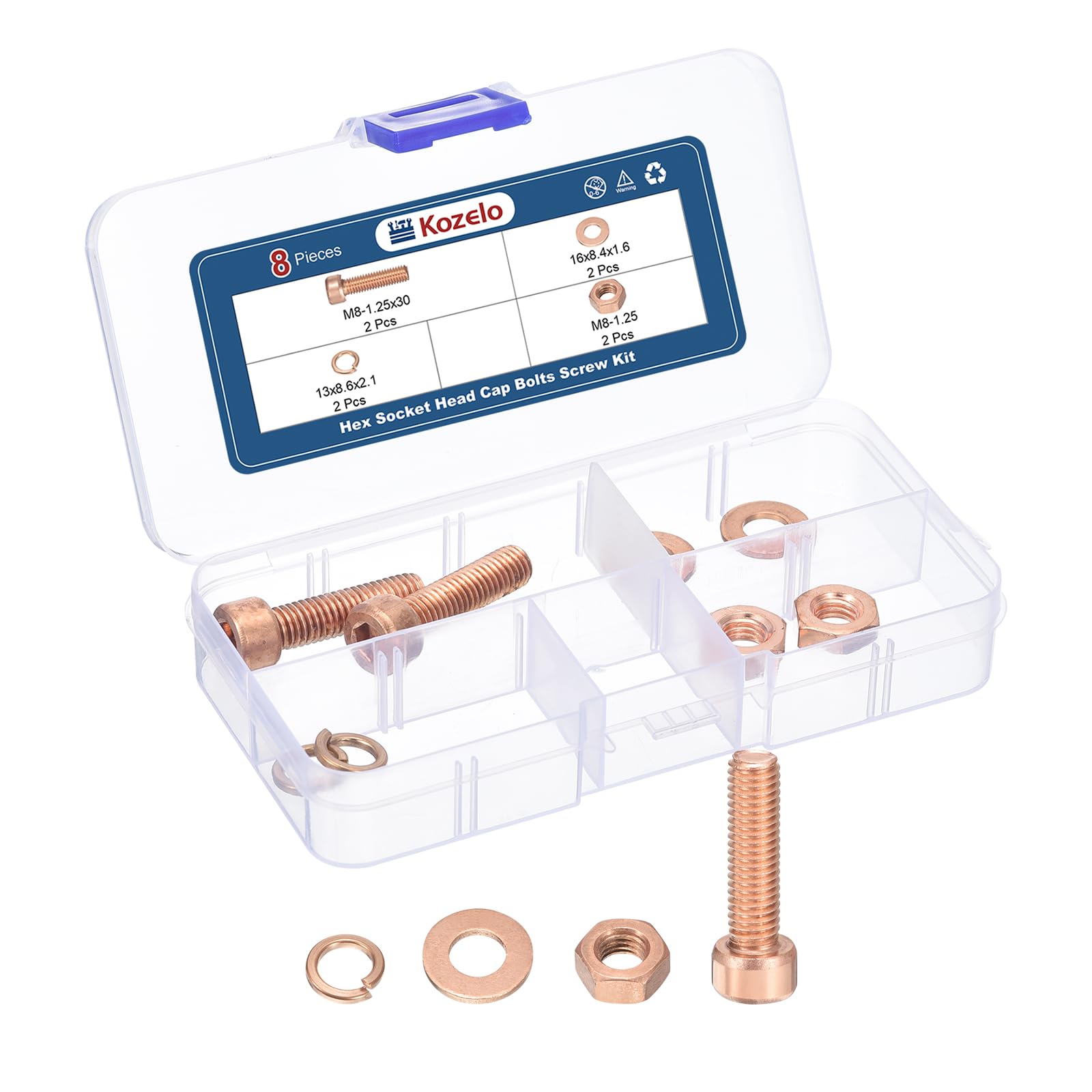 Kozelo 8pcs M8 Socket Head Cap Screws Bolts Nuts Assortment Kit - [M8-1.25x30mm] Red Copper Fully Threaded Hex Screw for 3D Printer Use