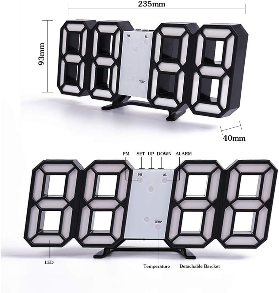 DELIPOP 3D LED Digital Alarm Clock,Wall Clock, Digital Clock, LED Table Desk Clock, Dimmable Nightlight Snooze Function Calendar Thermometer Hour Display for Home Office Bedroom (Black-White Light) - Image 3
