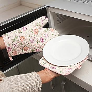 Saumota Cute Thick Cotton Flower Design Kitchen Heat Resistant Oven Mitts And Pot Holders Gloves Set Of 2-Flower A