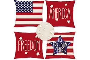 RABUSOFA Outdoor Waterproof 4th of July Patriotic Pillow Covers 18x18 Inch,Fourth of July Pillow Cases Set of 4,America Flag Stars Freedom Decorative Memorial Day Throw Pillows(2-18)