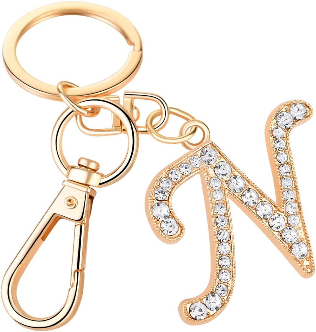 Women Rose Gold Plated Alloy Car Key Ring with Crystal Rhinestone Alphabet Initial Letter Keychain Size L
