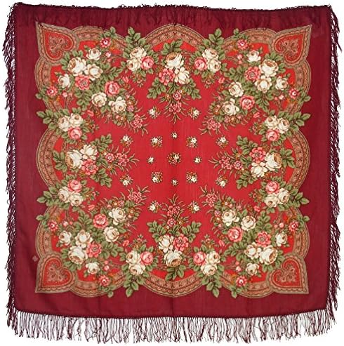 Pavlovoposadskiy Platok Women's Russian Wool Shawl With Wool Fringes 50x50" Dark Red and Red