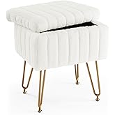 Sweetcrispy Vanity Stool Chair with Storage, Ottoman Faux Fur Soft Padded Makeup Footstools Seat with 4 Metal Legs Anti-Slip Adjustable Feet Modern Cute Small Footrest for Home Entryway Bedroom White