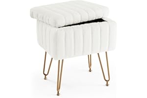 Sweetcrispy Vanity Stool Chair with Storage, Ottoman Faux Fur Soft Padded Makeup Footstools Seat with 4 Metal Legs Anti-Slip Adjustable Feet Modern Cute Small Footrest for Home Entryway Bedroom White