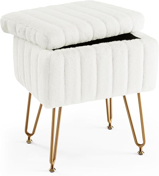 Sweetcrispy Vanity Stool Chair with Storage, Ottoman Faux Fur Soft Padded Makeup Footstools Seat with 4 Metal Legs Anti-Slip