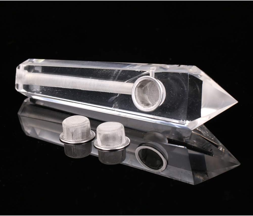 Primemory Six Prismatic Natural Clear/White Quartz Crystal Pipe with 2pcs Metal Filter and One Brush, Smoking Pipe, Pipes for Tobacco About 4-4.5 Inches