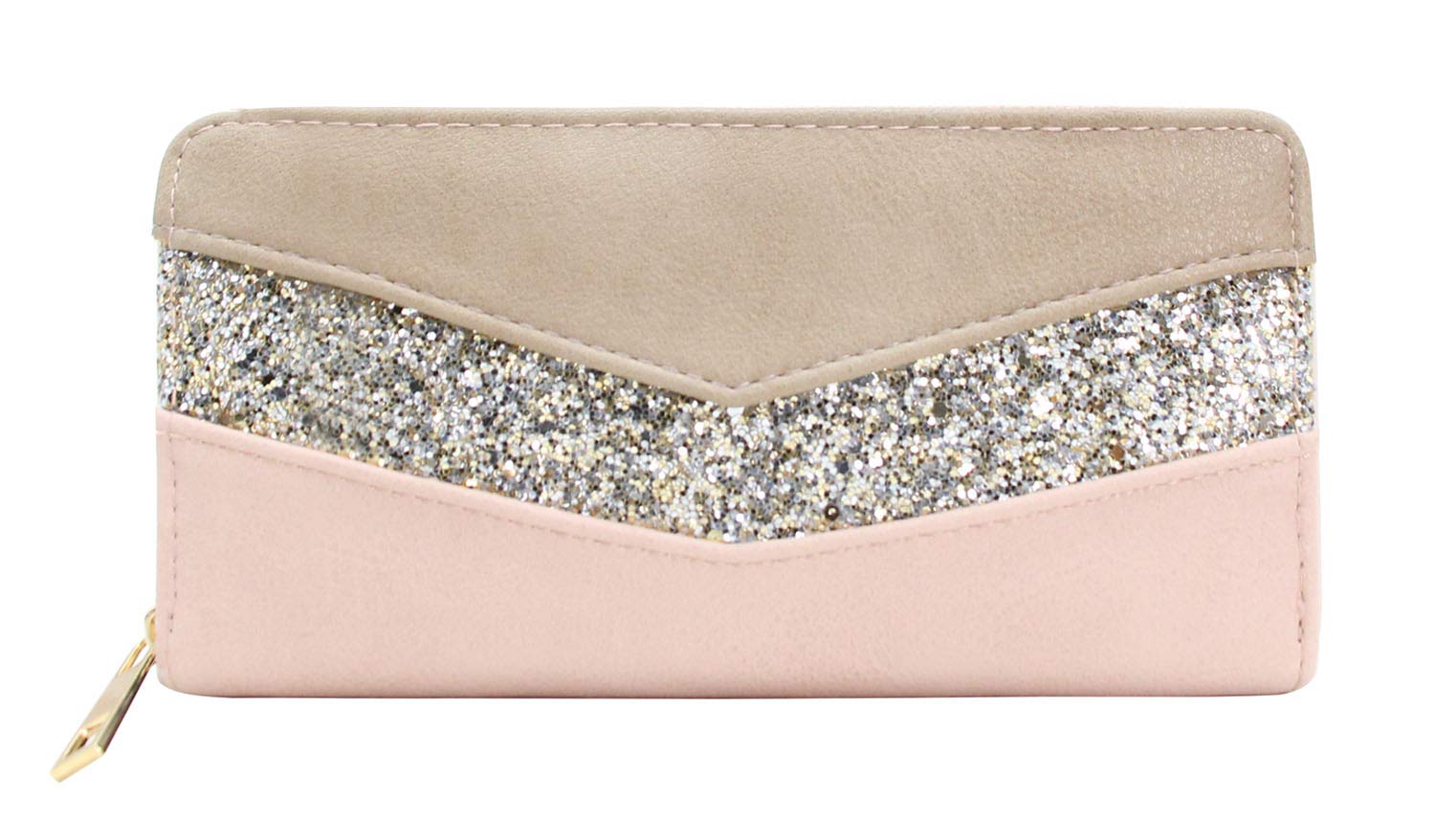 CRAZYCHIC - Women's Sequins Wallet - Stripes Glitter Purse PU Leather - Long Credit Card Holder Case - Coin Pocket Money Pouch - Multiple Slots Compartments - Fashion Ladies Girls - Nude Pink